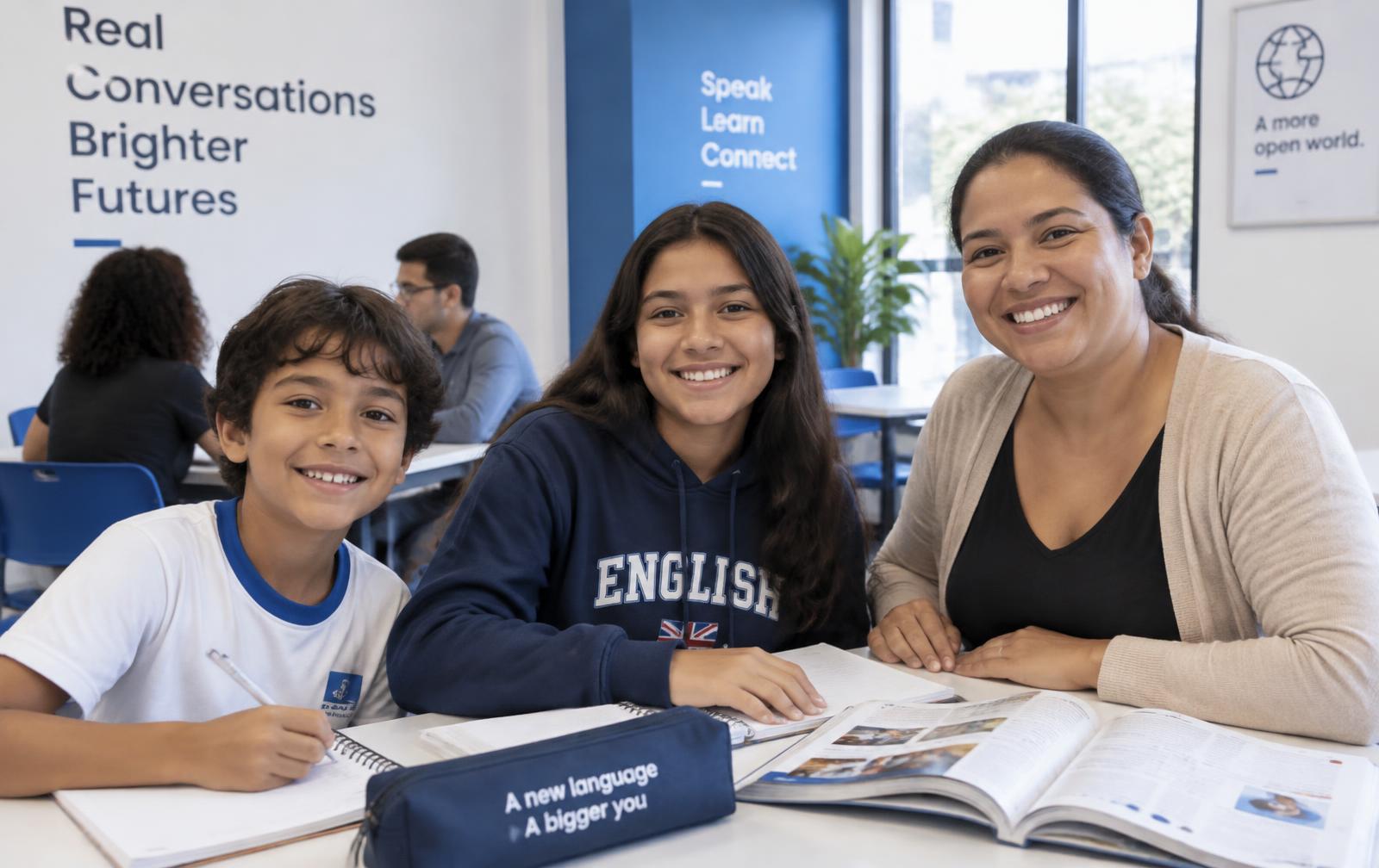 Criança, adolescente e adulta estudando inglês juntos em uma sala de aula da Wizard Cianorte