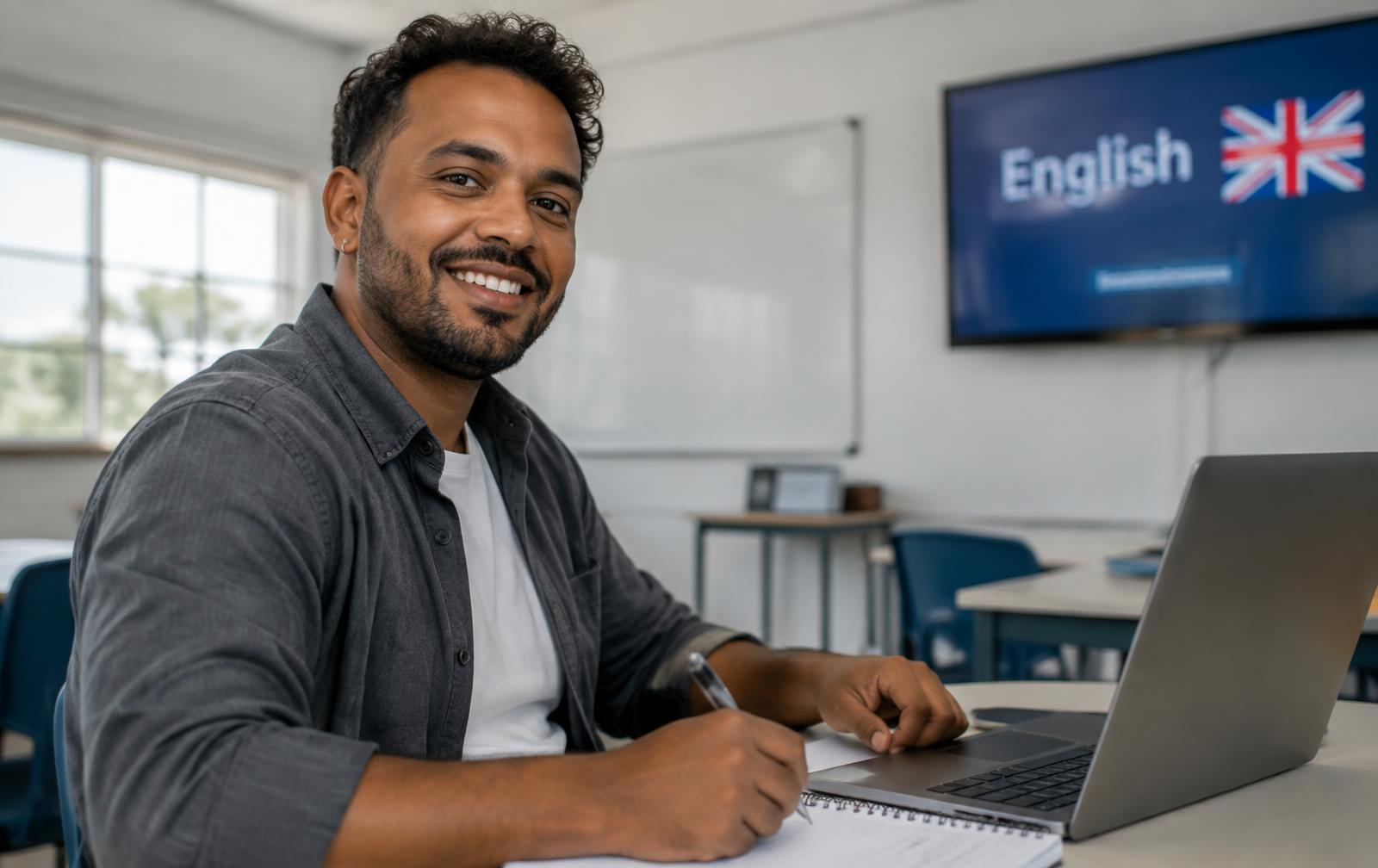 Adulto estudando inglês com caderno e notebook em uma sala de aula iluminada
