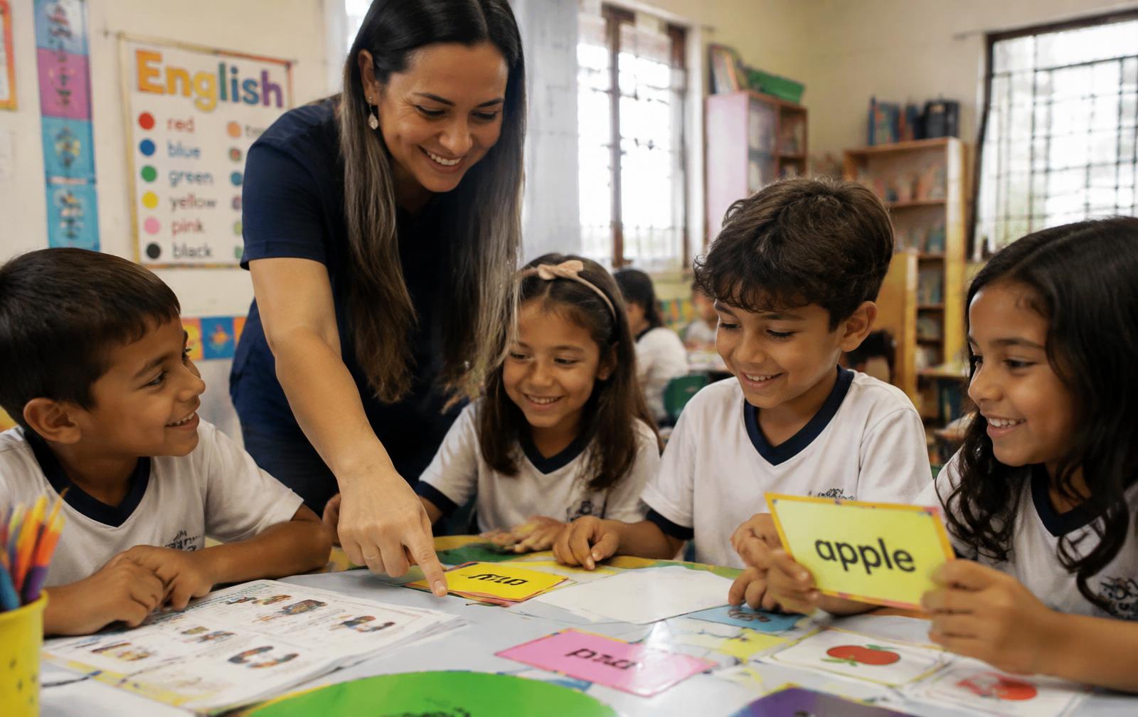 Crianças participando de uma atividade de inglês com a professora em sala de aula