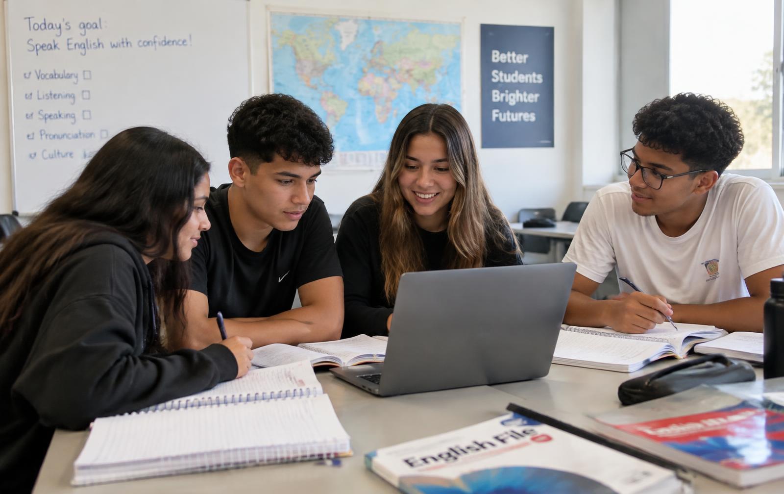 Adolescentes estudando inglês juntos com cadernos e notebook em sala de aula